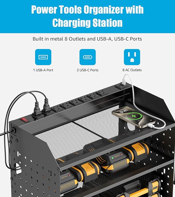 CCCEI Modular Power Tools Organizer with USB Charging Station, 4 Layer Drills and Battery Storage Wall Mount, Garage Shop Organization, Anniversary, Birthday, Gifts for Men, Father, 10FT Cord, Black.