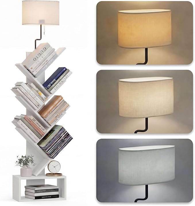 XBurmo 6 Tier Tree Bookshelf with Lights - Small Bookshelf Decor, Corner Bookshelf with Lamps, Living Room Storage, Tall Narrow DVD & CD Shelf, Comic Bookcases Standing for Bedroom or Office, White