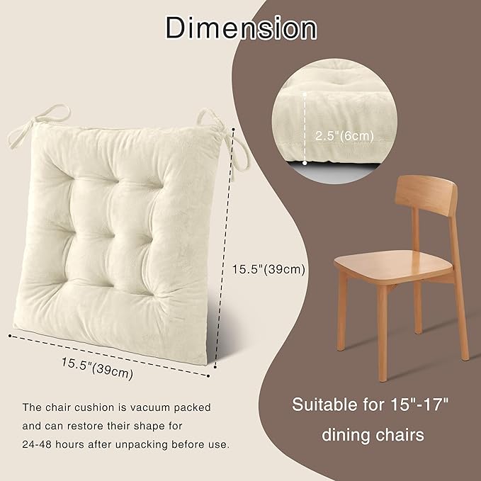 OVOV 2 Pack Chair Cushions for Dining Chairs Soft Seat Cushions for Kitchen Desk Chairs Square Chair Pads with Ties (15.5"x15.5" Cream)