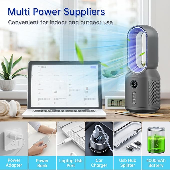 Desk Fan,13 Inch Portable Bladeless Fan, Small Quiet Office Fan with 106° Oscillating, 3 Speeds & Night light, LED Display,Button Control, Personal Battery Operated Table Fan for Bedroom, Office, Home