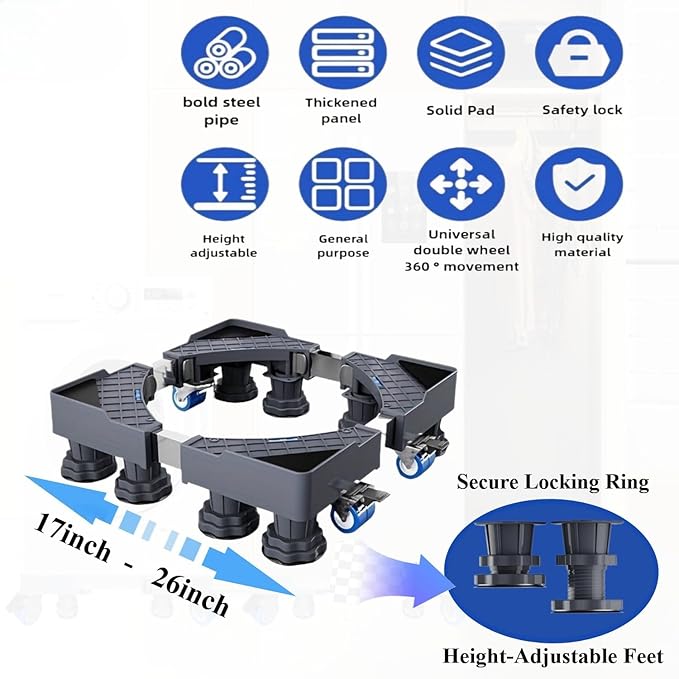 BeNisin Mobile Base With 4 Locking Wheels And 8 Strong Feet 16”-26”, Heavy Duty Furniture Dolly for Washer, Mini Refrigerator and Dryer, Adjustable Mini Fridge Stand Washing Machine Stand Pedestal