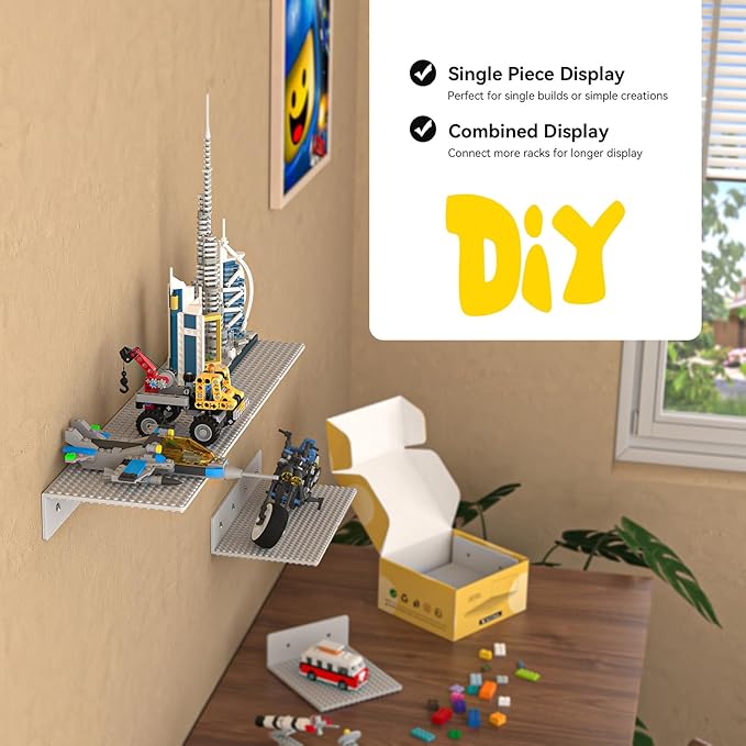 BlissBox 9-Pack Floating Display Shelves for Wall Compatible with Lego Building Bricks, 5 × 5.5 Inch Dual-Sided 16 × 17 Studs for Brick Storage and Display, ABS Display Shelf for Room Decor, Gray