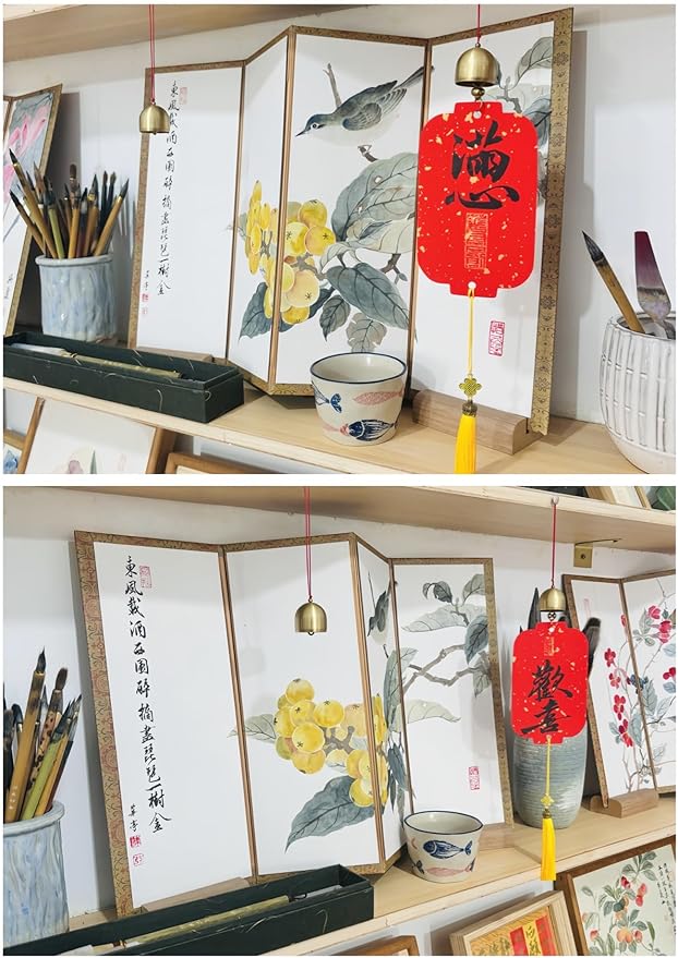 Hand-Painted Chinese Folding Screen - Traditional Oriental Partition with Bird & Loquat Pattern Mini Room Divider, Desktop Privacy Panel, (35x56cm) Symbolizing Happiness (Loquat)