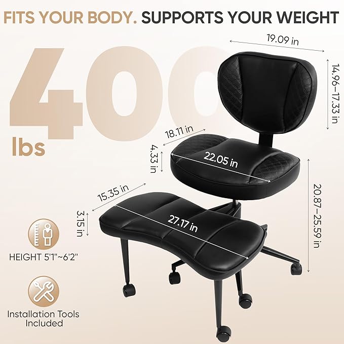 Criss Cross Office Chair with Wheels, Adjustable-Height Backrest & Swivel Footrest, Ergonomic Cross Legged Office Chair with Leg Rest for Kneeling Meditation Yoga ADHD (Black Leather)