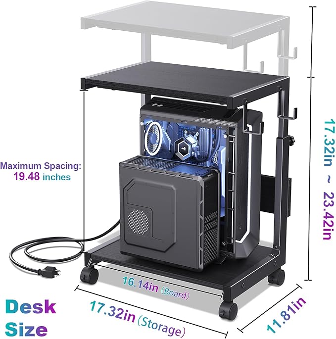 Computer Tower Stand with Charge Station and USB Charging Port - Height Adjustable PC Tower Stand, Under Desk CPU Holder Cart with Locking Caster Wheels for Fits Most PC