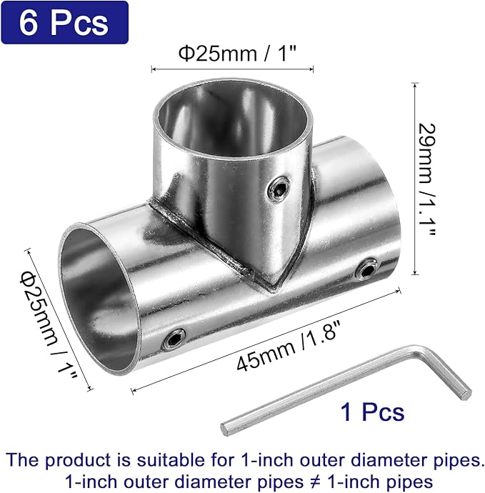 uxcell 6Pcs Tee Structural Pipe Connectors 3 Way End Rails Clamp with Wrench Stainless Steel Corner Pipe Fittings for DIY Shelf Garden Support 1" Fit Pipe Dia, Silvery