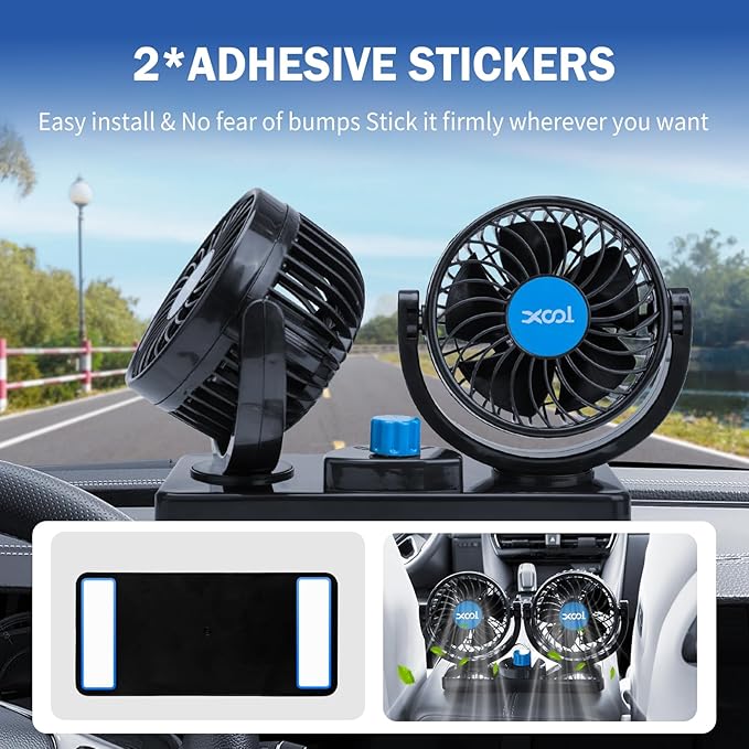 XOOL USB Car Cooling Fans, 2 Speeds Dual Head Car Fan, 360° Rotatable, 5V/2A Powerful Car Fans that Blow Cold Air, Portable Car Fans for Vehicles, SUV, RV, Boat (USB Plug)