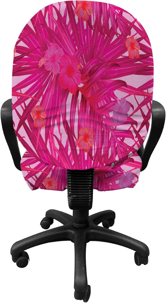 Ambesonne Hibiscus Office Chair Slipcover, Summer Concept Pattern of Tropical Flowers and Monstera Leaves, Protective Stretch Decorative Fabric Cover, Standard Size, Raspberry Pink