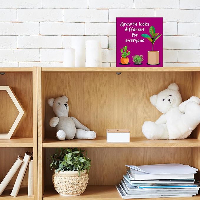 LVQHI Purple Inspirational Desk Sign,Growth Looks Different for Everyone Plant Motivational Wooden Block Sign for Home Bedroom Office Desk Decor 5“L x 5"W x 1.2"H