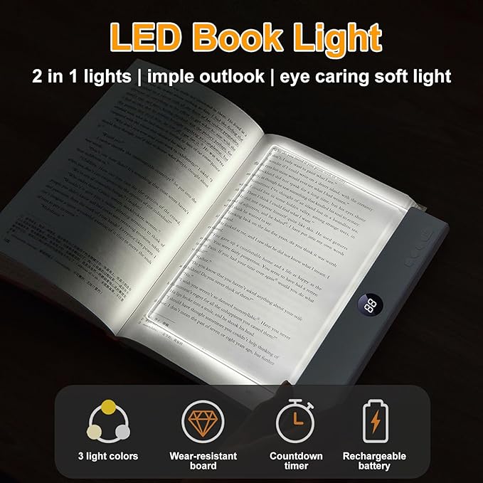 Book Light, Rechargeable Reading Lights for Books in Bed - Eye Caring 3 Color Temperatures, Stepless Dimming Brightness, Timer, Long Lasting, Portable Flat Book Light for Book Lovers (White)