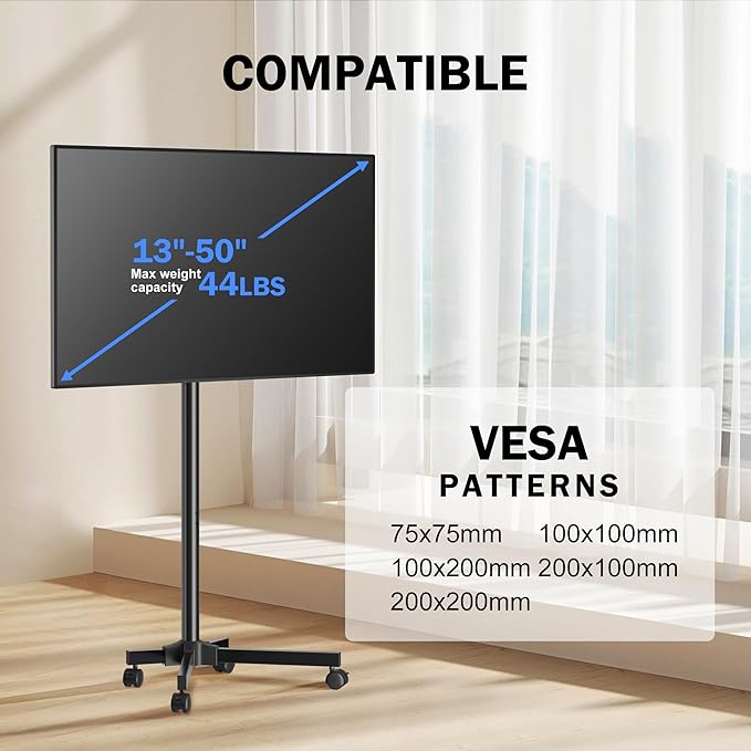 XINLEI Mobile TV Carts, Rotating Rolling TV Stand on Wheels for 13-50" Flat/Curved TVs Height Adjustable 30° Tilt Floor TV Stand Portable Monitor Stand Holds up to 44lbs Max VESA 200x200mm ML1350