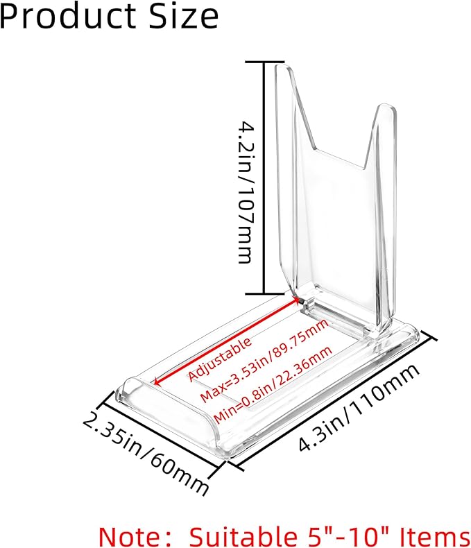 TERDEWE 10 Pack Acrylic Book Stand for Display Adjustable Clear Display Holder Easel Collector Stand for Home Office Back to School Comic Album CD Magazine Postcard Artworks (4.2 x 4.3 x 2.35 Inch)
