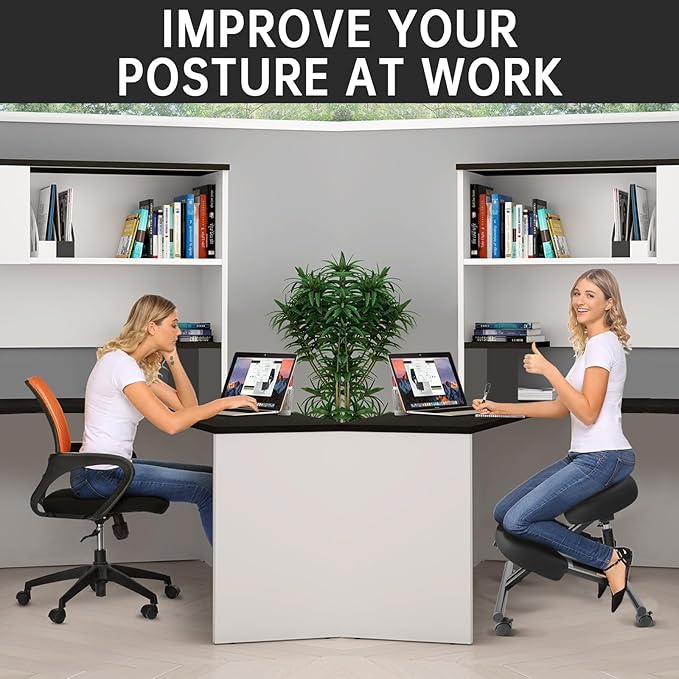 PU Leather Ergonomic Kneeling Chair, Adjustable Home and Office Stool with Thick Pads and Flexible Lockable Brake Wheels for Back Pain Relief (Dark Black)