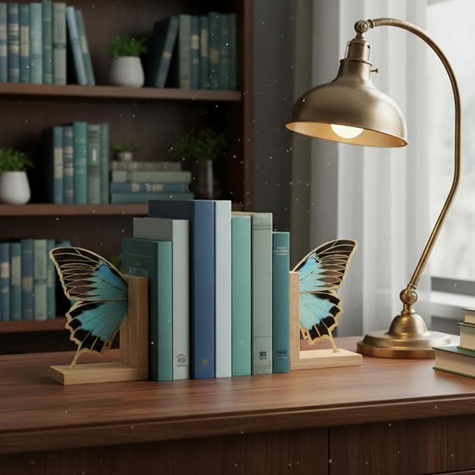 Decorative Butterfly Bookends Wooden Acrylic Butterflys Bookend Modern Bookshelf Decor Accent Book Stopper Decor for Home Farmhouse Shelves Office Lover Gift(Blue Butterfly)