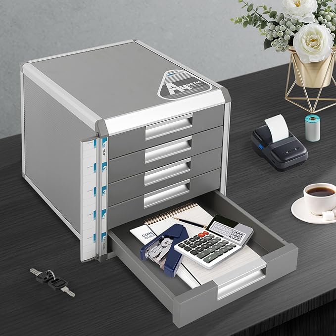 Desktop Drawer Organizer Lockable File Cabinet with Drawers Unit Office Desk Storage Organzier for Documents Papers Mail Notebooks Stationery (5-layer)
