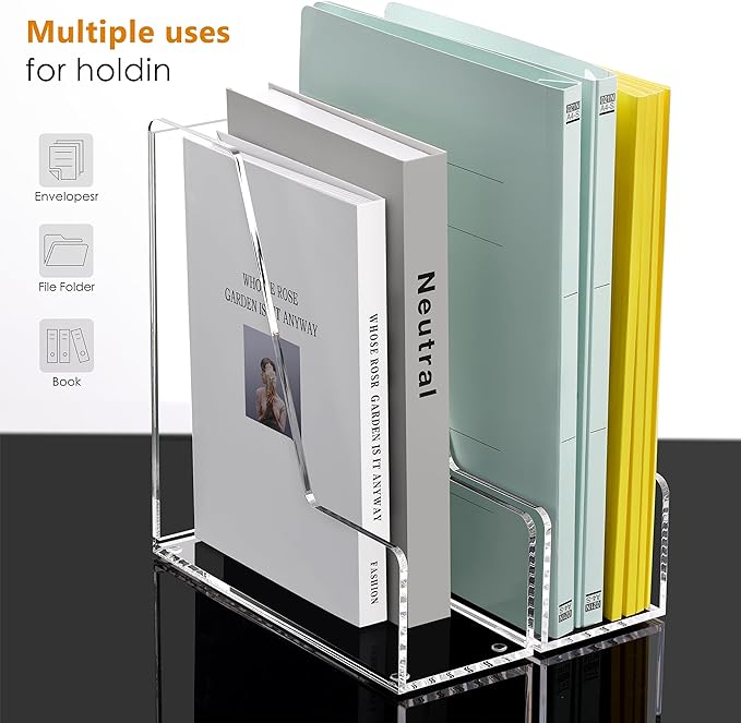 SANRUI 4 Pack Vertical File Holder, Acrylic Desk Organizer Magazine File Sorter for Magazines, Binders, Notebooks, Envelopes, Multi-Purpose Clear Document Organizer Rack