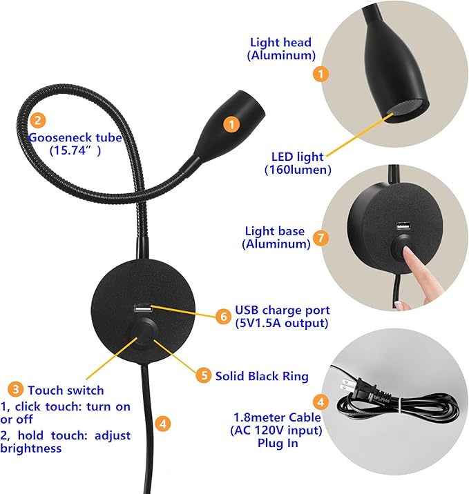 LED Wall Reading Light with USB Charging Port, Touch Dimmable Switch Gooseneck Bedside Lamp, Flexible Arm, 3W (Black, 120V Plug in, Warm White)