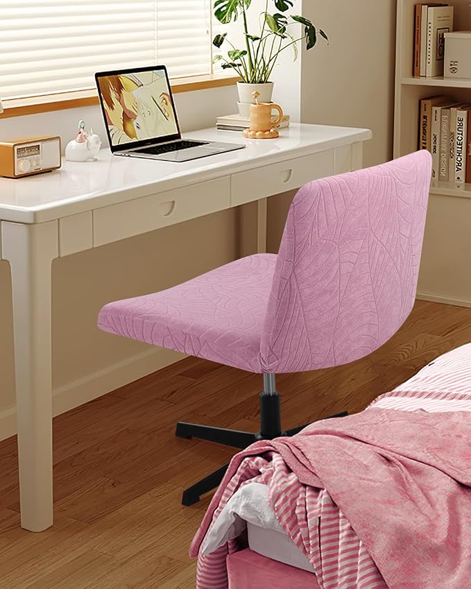 Fuloon Criss Cross Chair Cover, Stretchable, Solid Jacquard, Suited for Armless/Office/Desk/Mid Back Wide Seat/Computer/Task/Vanity/Accent Chair (Leaves -Shaped Jacquard, Pink)