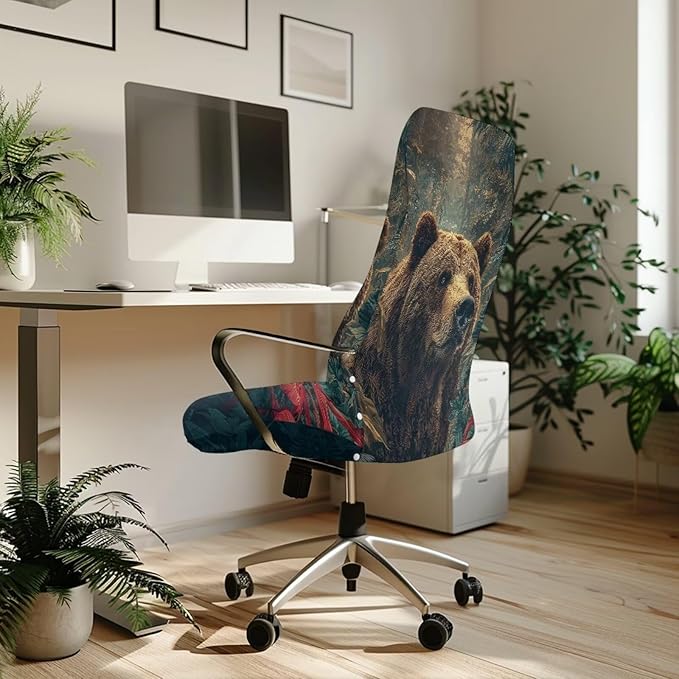 Talayituse Forest Bear Print Office Chair Covers, Stretch Computer Chair Cover, Universal Boss Chairs Covers Modern Simplism Style High Back Chairs Slipcover, Small