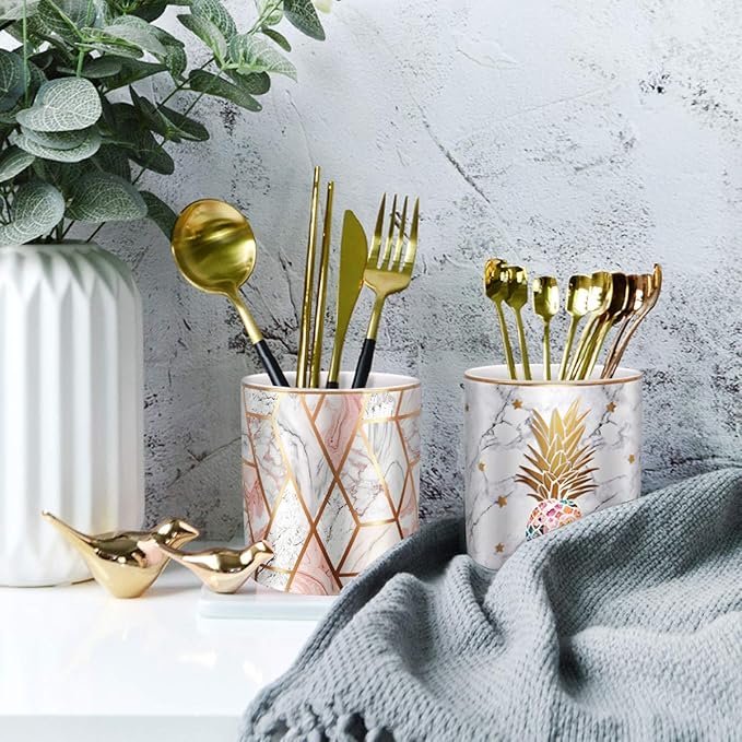 WAVEYU Cute Pen Holder for Desk, Ceramic Pencil Organizer, Makeup Brush Holder, Office Decor and Desk Accessories Durable Ceramic, Pineapple Pattern