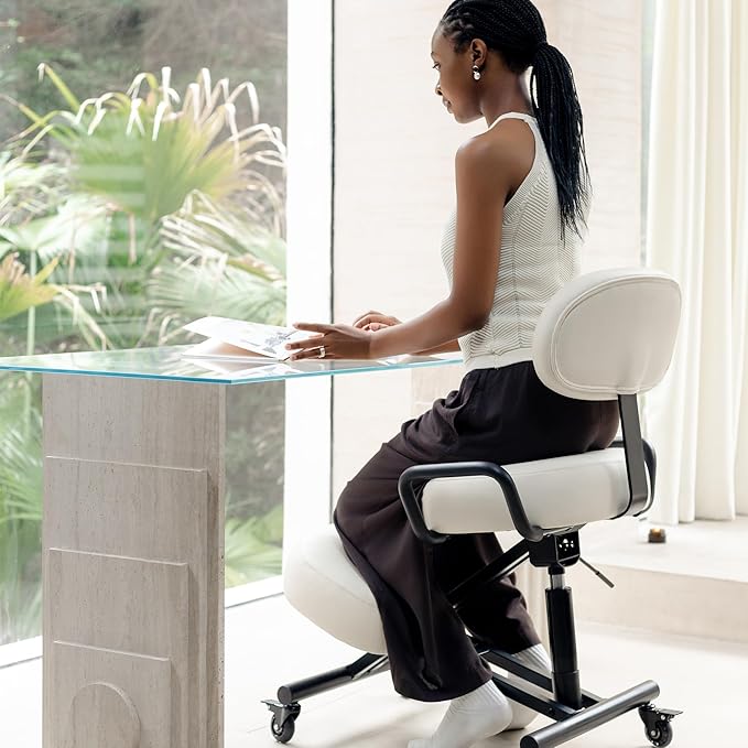Ergonomic Kneeling Chair with Backrest, Improve Posture, Thick Cushions, Locking Wheels for Home & Office, AKONI 512B (Vanilla)