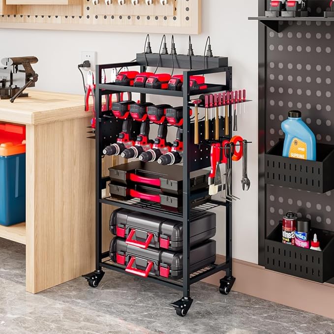 INGIORDAR Large Power Tool Organizer Cart with Charging Station, Garage Floor Standing Rolling Drill and Tools Battery Storage Cart on Wheels, Heavy Duty Utility Rack Shelf for Men, Husband, Father.