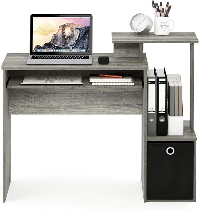 Furinno ECON Desk, 40" Wide Gaming Desk with Keyboard Tray, Computer Desk, Office Desk with Side Shelves and Storage Bin for Home Office, Grey Oak