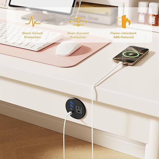 2.5-inch Desk Power Grommet, Recessed Power Grommet with 20W USB C, 1 Outlet, Flush Mount Power Outlet for Desktop Conference Room Furniture Table, Black