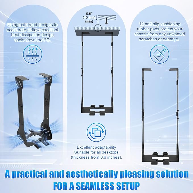 Heavy Duty Adjustable Under Desk PC Holder 7.5 to 12 Inch Wide, Supports up to 80 Lbs Load Capacity, Under Desk PC Mount, Wall Mount Space Saving Computer Case Tower Holder (Black)