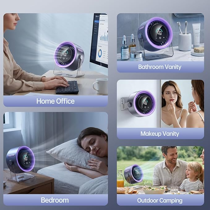 USB Desk Fan for Bedroom: 100 Speeds Digital Display Quiet Table Fan with Turbo Airflow, 120° Rotating Small Rechargeable Battery Desktop Fans for Bedroom Home Office (Purple)