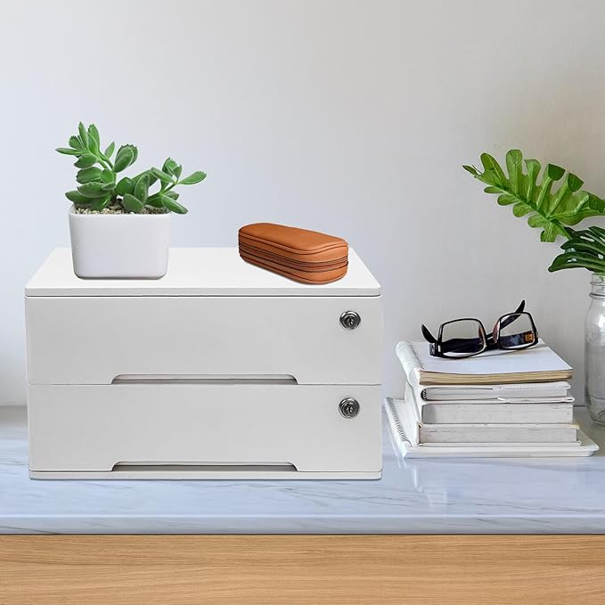 Wooden Desk Organizer with Drawers & Lock, Desktop Countertop Storage Cabinet Lockable Home Office Supplies File Tabletop Organizing Unit (2 Drawer - Modern White)