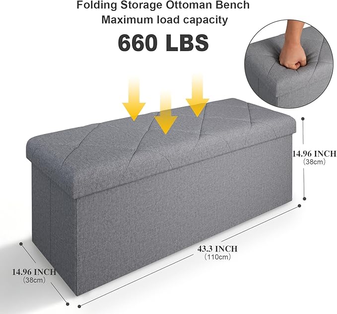 43 Inches Folding Storage Ottoman Bench for Bedroom,660 lb Ottoman with Storage End of Bed Storage Bench,for Bedroom,Living Room,Entryway,Dark Gray（43Wx15Dx15H