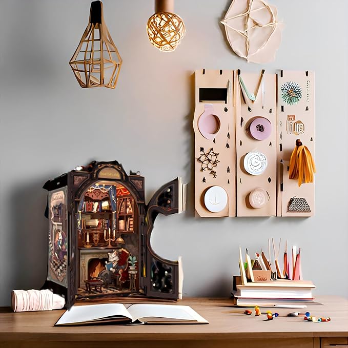 Fsolis Book Nook Kit Cat DIY Miniature Dollhouse Kit, 3D Wooden Puzzles for Adults, 108 Pieces, Bookshelf Diorama Mini Building House, Gift for Women Readers Book Lovers (Count Cat's Study)