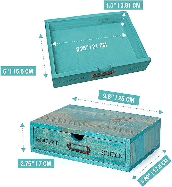 Turquoise Single Drawer Unit - European Country Style Desk Organizer Box - 9.7x7x2.6 Teal Wooden Stackable Drawer - Countertop Organizer Drawer w/Label Holder - Single Monitor Shelf