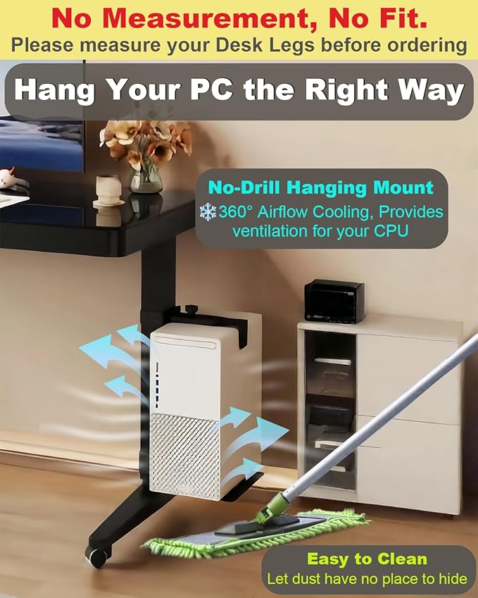 Under Desk PC Mount - No Drilling Heavy Duty 40lbs Capacity, Adjustable Height and Width Clamp-on Desk Leg PC Mount for Standing Desks (Fits 75mm×45mm Legs only), with Non-Slip Pads, Black