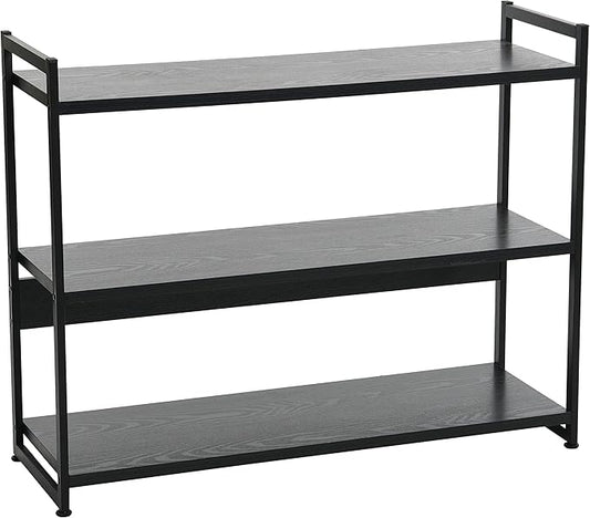 Household Essentials Jamestown Wide 3 Shelf Open Storage Bookshelf Black Oak Wood Grain and Black Metal