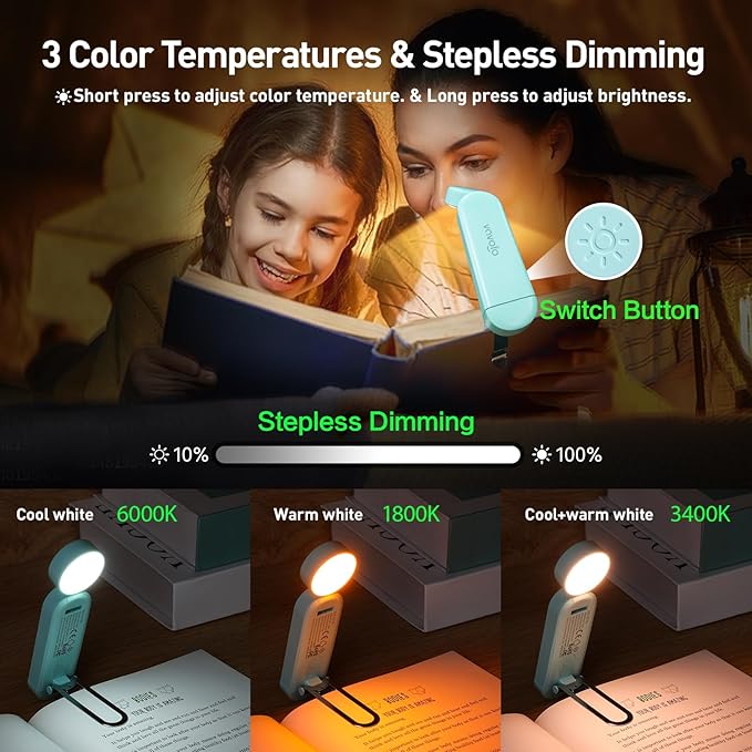 VAVOFO USB Rechargeable Book Light, Blue Light Blocking, Amber Light Clip On Bookmark Shaped Reading Light, Eye Care 6 LEDs Book Light for Bookworms Reading in Bed with 9 Lighting Modes (Powder Green)
