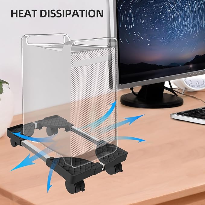 Computer Tower Stand, Adjustable Mobile CPU Stand Fits Most PC Tower, Desktop CPU Holder with 4 Rolling Caster Wheels, PC Floor Cart Riser Gaming Desk Accessories