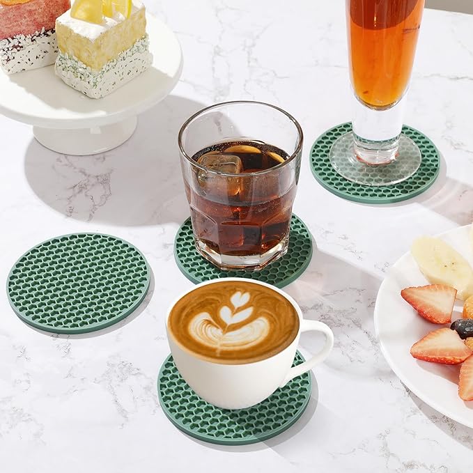 TWTLi Silicone Coasters Set of 8 with Holder,Coasters for Drinks,Beer,Coffee Coasters,Suitable for Kinds Cups,Hot or Cold,Anti-SLI,Non-Stick,Anti-Overflow Tabletop Protection and Decor (8 Pcs, Green)