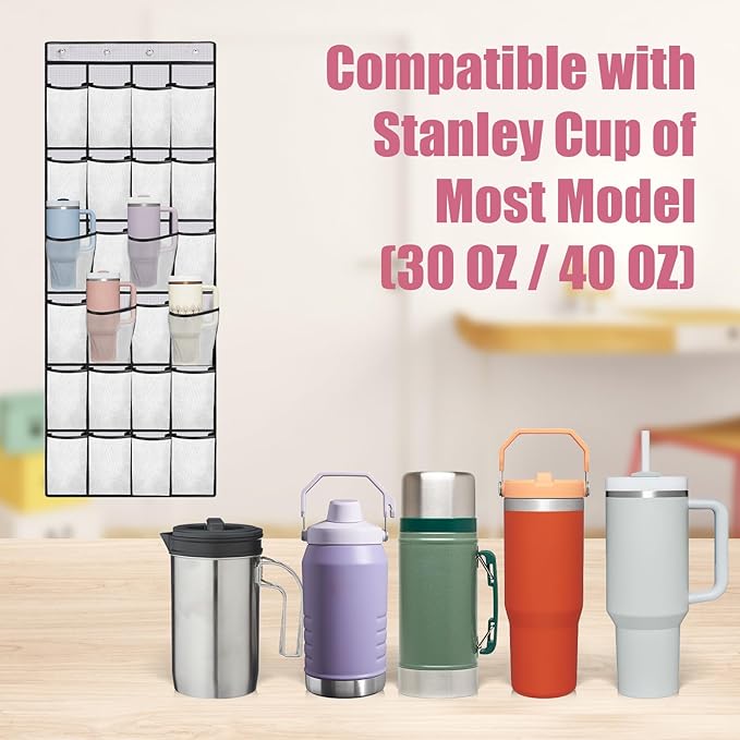 Cup Organizer for Stanley Cup, 24 Pockets Large Capacity Cups Holder for Stanley Tumbler, Portable Foldable Hanging Bag for Cabinet Wall Door RV, Kitchen Storage Accessories for Stanley Cup White
