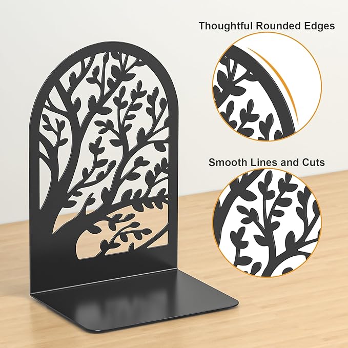 VFINE Bookend 3 Pairs, Decorative Book End, Bookends for Shelves, Desktope Book Ends, Book Stopper to Hold Books, Unique Black Metal Tree Book Holder for Home Office