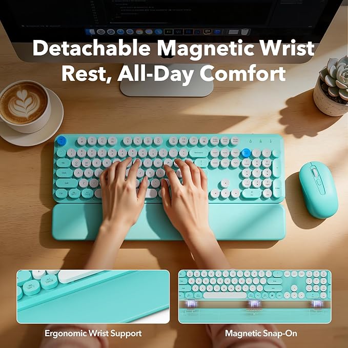Wireless Keyboard and Mouse Combo with Detachable Magnetic Wrist Rest, Retro Typewriter-Style Keyboard, Round Keycaps, Adjustable Legs, 3-Level DPI Mouse, 2.4GHz for Windows PC/Laptop (Turquoise Blue)