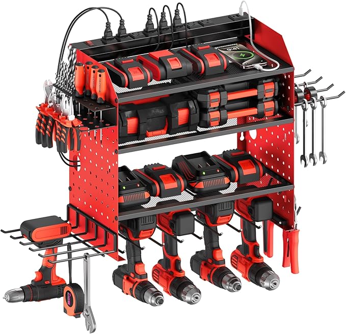 CCCEI Modular Power Tools Organizer with USB Charging Station, 4 Layer Drills and Battery Storage Wall Mount, Garage Shop Organization, Anniversary, Birthday, Gifts for Men, Father, 10FT Cord, Red.