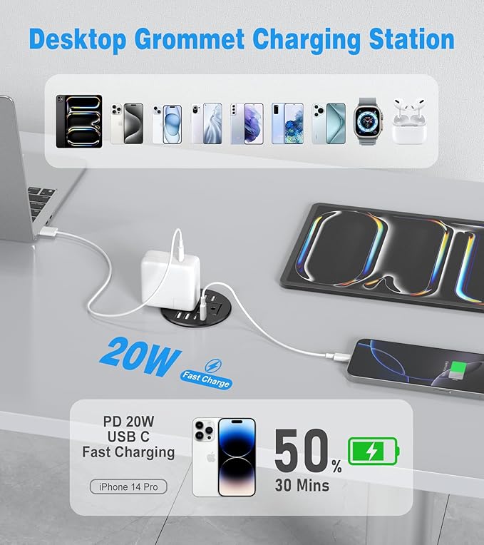 40W Recessed Power Grommet Outlet, 3.15 inch Desk Grommet Power Outlet with 8 USB Ports for Conference Rooms, Office Tables, Furniture, 6FT Cord