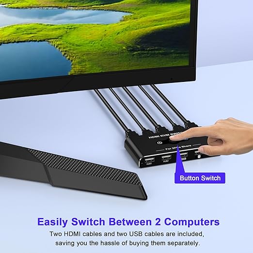 KVM Switch for 1 Monitor 2 Computers, 4K@60Hz HDMI KVM Switcher, HDMI USB Hub Switches for PC/Mac Pro/Laptop, Plug and Play, Share Keyboard Mouse Printer, with 2 USB Cables and 2 HDMI Cables