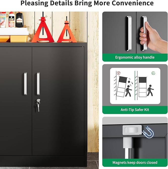 Metal Garage Storage Cabinet with Doors and Adjustable Shelves, 35.4" Locker Organizer Steel Garage Cabinets, Lockable File Cabinet for Home, Office, Warehouse, Tools
