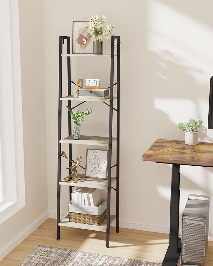 Hzuaneri Ladder Shelf, Bookshelf Bookcase, Freestanding Corner Storage Shelve with 2 Hooks for Home Office, Living Room, Kitchen, Bedroom, Industrial, 11.8" D x 17.3" W x 63" H, Greige BC19205B