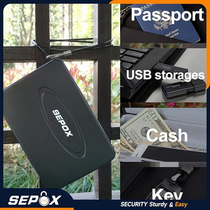 SEPOX® Water/Fire-Resistant Portable Security Case Lock Box Steel, Small Personal Travel Safe Storage Cabinet, 3-Ft Cable, Ressetable Combination Lock for Dorm, Car, Sports, Office, 2pcs Black