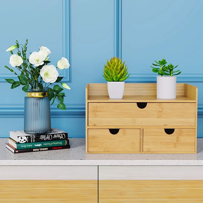 Desk Organizer with Drawers - Bamboo Desktop Organizers Storage | Wood Makeup Organizer for Bills, Office Supplies, Cosmetics, Seals, Kitchen Utensils, No Assembly Required
