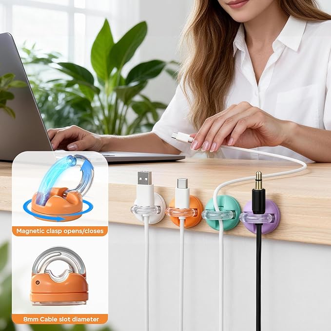 Magnetic Cable Clips, 8 Pack 360° Rotatable Cord Organizer, No-Residue Adhesive Wire Holder for Under Desk, Nightstand, Wall, Car Charger Phone Cord Management for Office Home Cute Desk Accessories